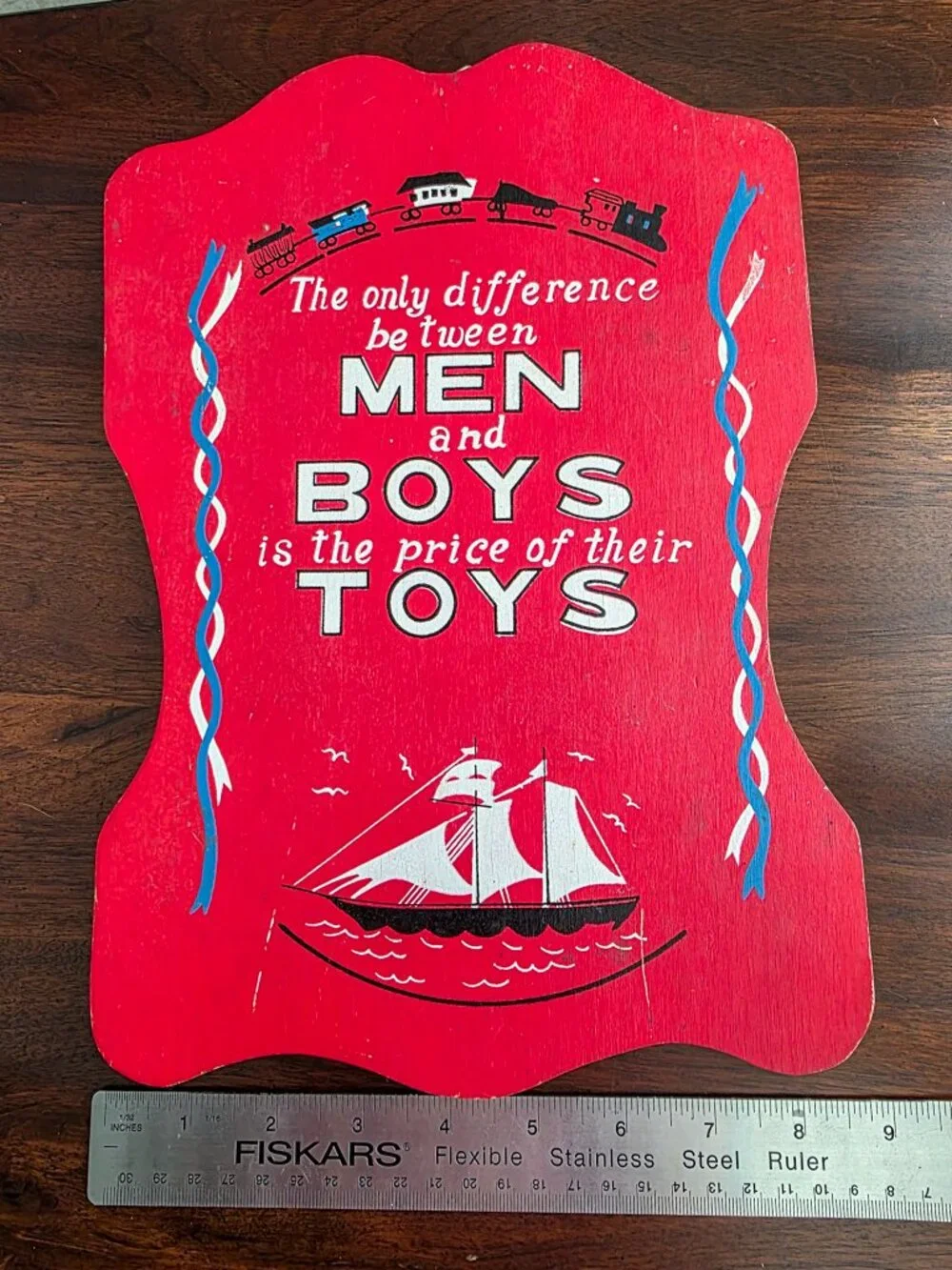 Vintage 1970s Men Boys Toys Wood Sign Plaque Man Cave Retro Kitsch Decor